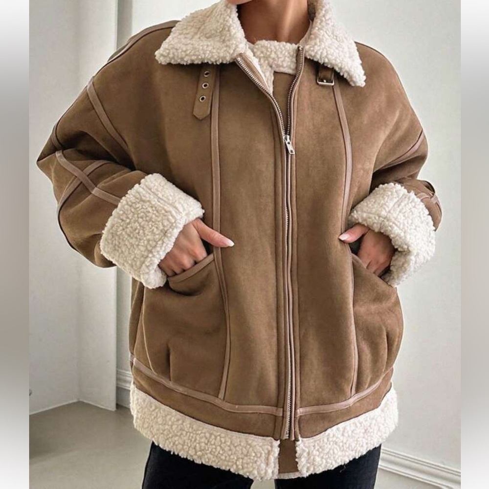 DAZY-LESS BROWN SHEARLING LINED ZIP BUCKLE JACKET WITH POCKETS •• WOMEN'S L - Picture 2 of 5